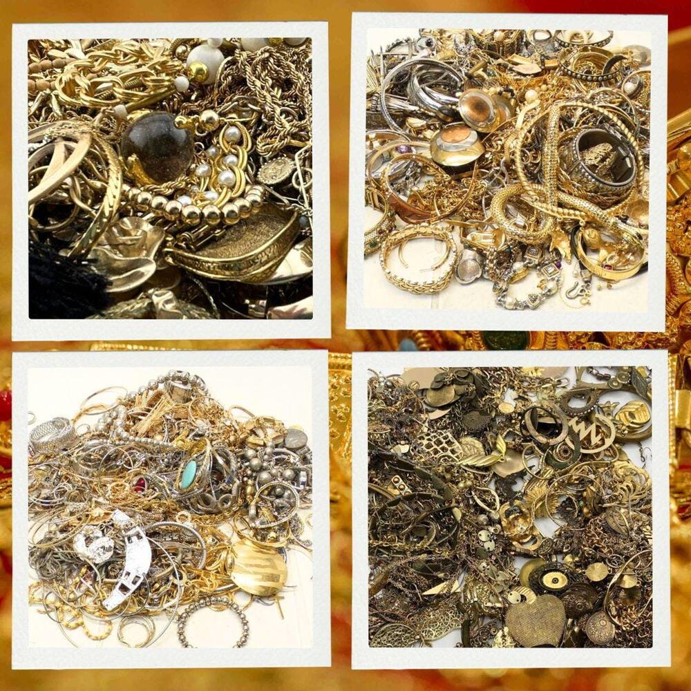 3 pounds Vtg Goldtone Costume Jewelry Jar Lot Mystery Unsearched  VTG Gold -READ